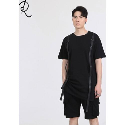 2020 summer new original fashion brand dark street personality Weaving Belt Patchwork Round Collar t-shirt mens shirt short sle