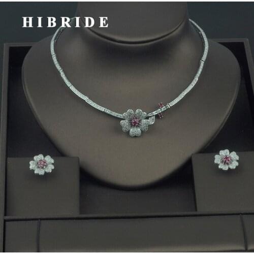 HIBRIDE 4 Color Available Flower Shape Micro Cubic Zirconia Women Jewelry Sets Wedding Bridal Earring Necklace Sets Gift N-305