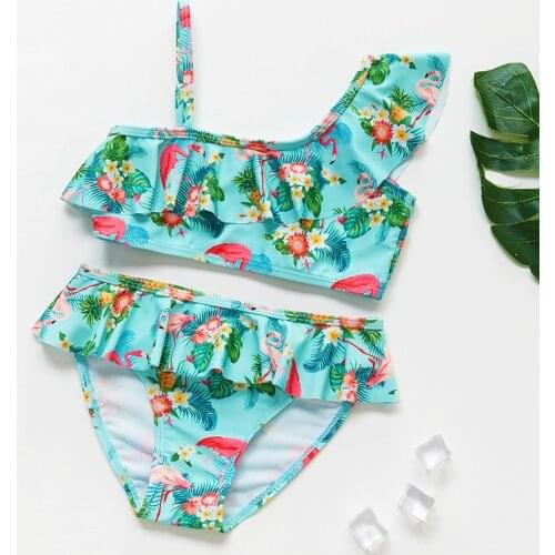 2-9Y Flamingo Grils swimsuit Two pieces kids swimwear High Quality Children Swimwear Bikini Set 9055