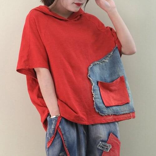 Summer Tshirts Women Casual Patchwork Pocket Loose Hoode Washed Vintage Female Fashion Tees