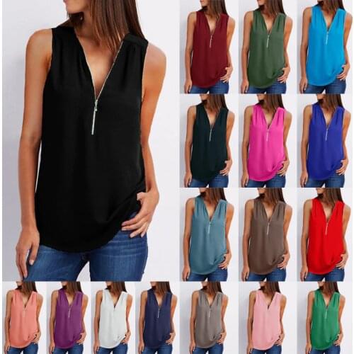 Hot Sale Plus Size Zip Solid Chiffon Tank 2021Summer Women White Pullover Tops Casual V-Neck Sleeveless Streetwear Black Red Top