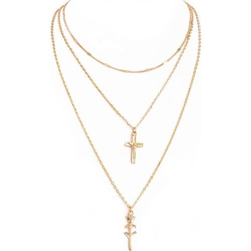 Trendy Multi Layers Cross Necklace For Women Charm Gold Silver Color Boho Layering Rose Pendent Chokers Collares Jewelry Bijoux
