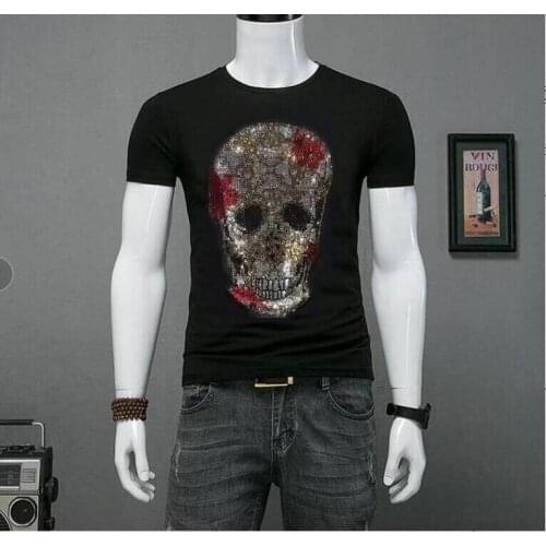 Original Fashion Man Slim New Tees Pirate Craft Design Hot Rhinestones Summer 100% Cotton High Elasticity Top