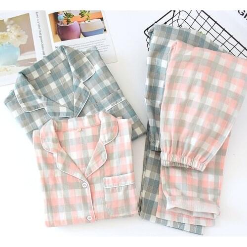 Large Plaid Cotton Double-layer Gauze Couples Pajamas Set Spring Autumn Thin Long-sleeved Lapel Large Size Cotton Home Service