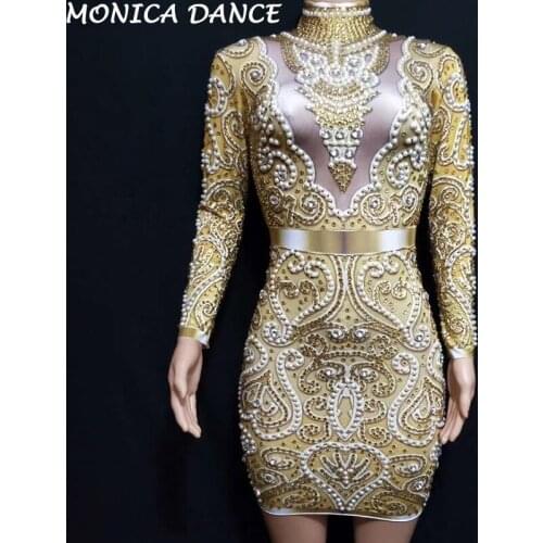 Women Sparkly Gold Rhinestones Pearls Long Sleeves Dress Women Singer Clothes Birthday Party Dance Dress Celebrate Outfit Dress