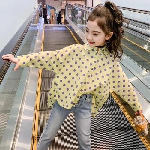 4-14 Years Kids Yellow Dot Loose Long Sleeve Shirt Girls Button Cute Blouses Teeange Childrens Clothing Casual Blouse For Girls