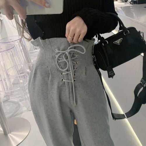 Drawstring High Waist Solid Color Trouser Female Korean Y2k Harem Pants 2021 Women Fall Grey Casual Cross Straps Pants Jogging