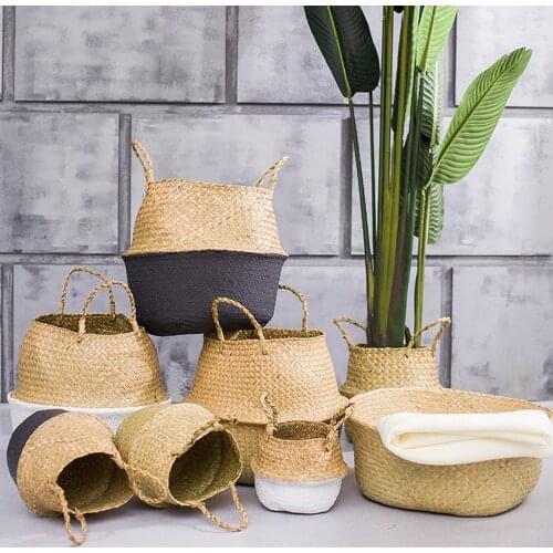 Handmade Wicker Baskets Foldable Laundry Woven Storage Basket Natural Rattan Seagrass Garden Flower Pot Planter Basket White