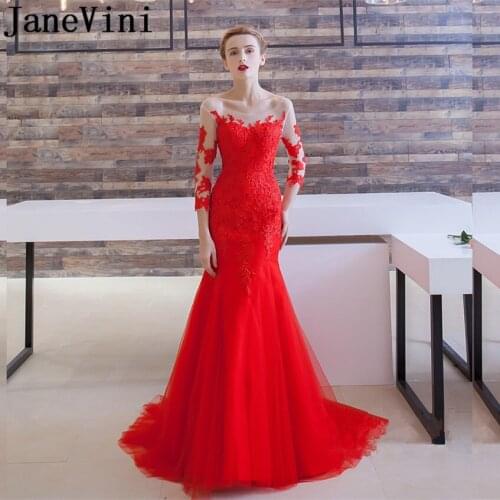 JaneVini Sexy Mermaid Red Long Bridesmaid Dresses for Weddings Sheer Scoop Neck Lace Appliques Backless Tulle Formal Prom Gowns