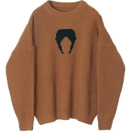 Euramerican Oversized Retro Thick-Needle Silhouette Moon Pattern Sweater Women O-Neck Long Sleeve Loose Pullover Lady Sweater