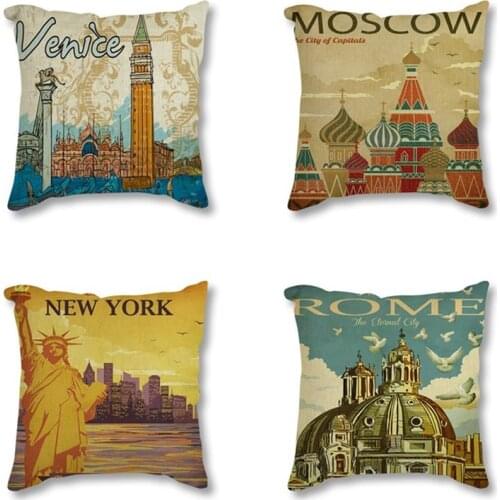 Vintage Retro Pillowcase Decorative Pillow Case New York Moscow City Poster Print Linen Cotton Cushion Cover For Sofa Car