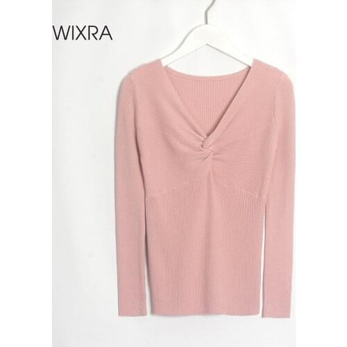 Wixra Womens High Stretch Sweaters Street Style V-Neck Solid Ladies Pullovers Female Knitted Full Sleeve Pulls Slim Jumpers Fall