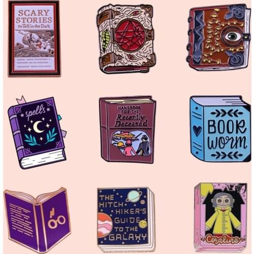 ZF1499 Book Series Magic Book Horror Story Book Jewelry Enamel Pins And Brooches Cartoon Creative Metal Denim Hat Badge