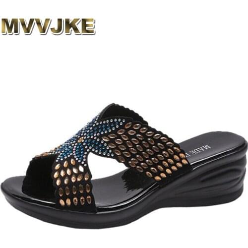 MVVJKE Summer wedges ladies sandals and slippers thick-soled mother sandals rhinestones breathable lightweight non-slip ladies