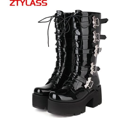 Fashion Metal Buckle Platform Boots Lace Up Women Boots Patent Leather Chunky High Heel Mid Calf Boots Autumn Winter Woman Shoes