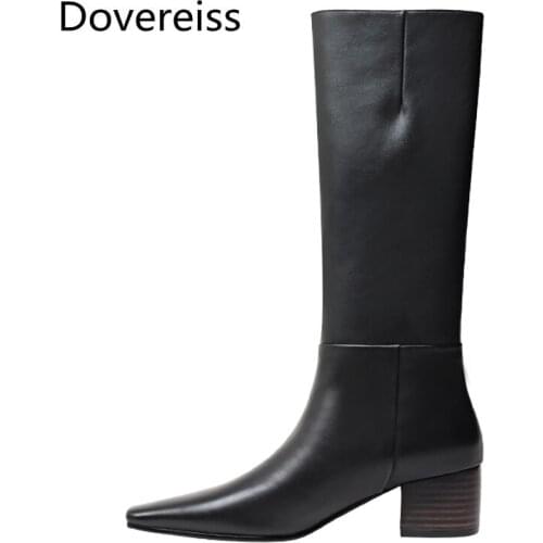 Dovereiss Fashion Womens Shoes Winter new Elegant Slip on white Pointed toe Chunky heels Knee high boots Concise Mature 34-40