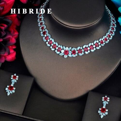 HIBRIDE Luxury Garland Shape Red CZ Jewelry Sets For Women Bride Necklace Set Wedding Jewelry Dress Accessories Wholesale N-404