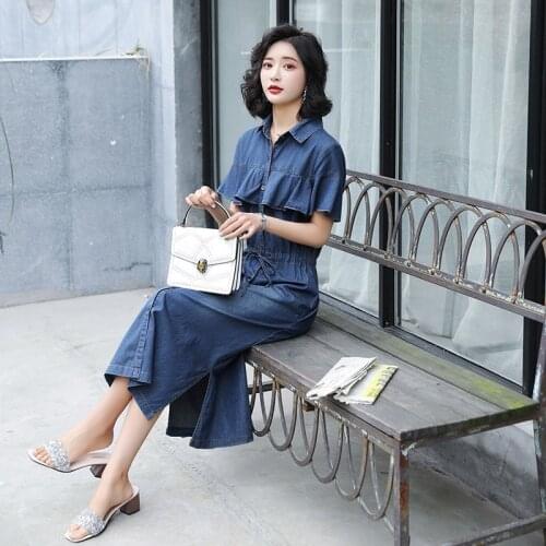 Spring New Ruffles Design Mid Long Denim Dress Women Slim Casual Drawstring Fashion Maxi Dress Female Single Breasted Fashion