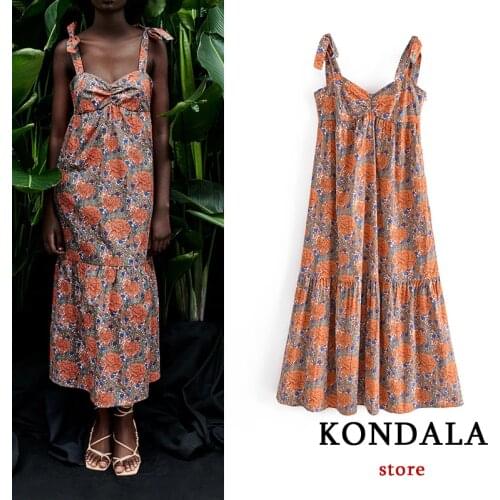 KONDALA Za Beach Summer Dress Women Stain Flower Print Bow Cami Maxi Dress Fashion 2021 Chic Vintage Mujer Vestidos