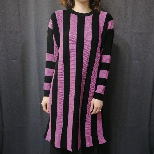 LONG SLEEVE BLACK PURPLE WHITE COLORED STRIPED KNIT KNIT TUNIC 2020 FALL WINTER CASUAL DAILY WOMEN DRESS