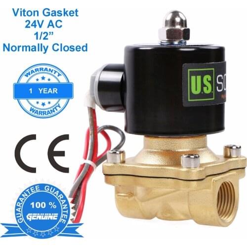 U.S. Solid 1/2'' Brass Electric Solenoid Valve 24V AC Normally Closed Viton Gasket Air, Gas, Fuel, NPT / G Thread