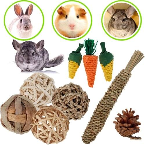 9 pcs Pet Teeth Grinding Toys Hamster Rabbit Tree Branch Grass Ball Natural Small Animal Chew Toy Rabbits Bird Parrot Play Ratta