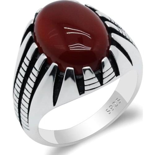 925 Sterling Silver Men Ring Prong Setting Natural Red Agate Stone Retro Punk Thai Silver Ring for Man Women Silver Fine Jewelry