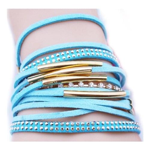 Free drop shipping sky blue suede braid magnetic bracelet multiple pipe and rhinestone cupchain women bracelets