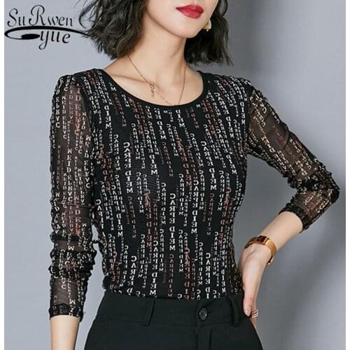2021 Mesh Fashion Korean Long Sleeve Women Tops and Blouses Plus Size Slim Print Women Shirts Ladies Tops Hollow Female 8240 50