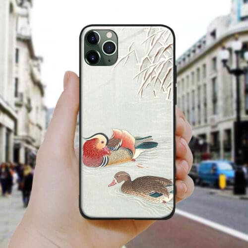Japanese style Mandarin ducks art Soft Silicone Glass Phone Case Cover For iPhone SE 6 6s 7 8 Plus X XR XS 11 12 Mini Pro Max