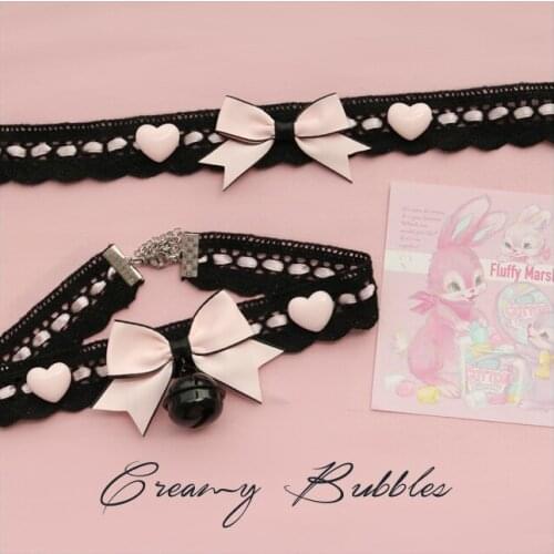 Black Pink Cotton Lace Original Lolita Black Sweet Handmade Bow Bell Necklace