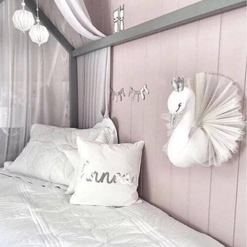 Baby Girl Room Decor 3D Plush Animal Heads Swan Wall Hanging Decoration Stuffed Toy For Child Bedroom Nursery Soft Install Decor