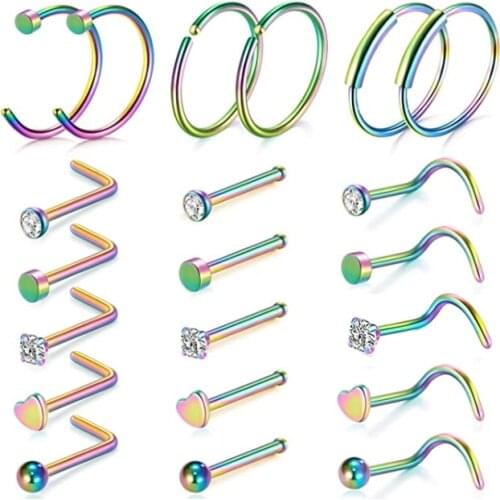 5/21Pcs/Set Nose Studs Surgical Steel Nostril Studs Charms Screws Nose Ring Hoop Body Piercing Jewelry Golden Heart Nose Stud