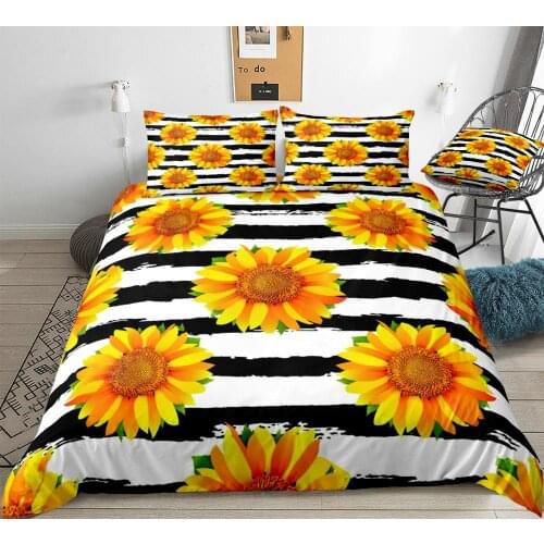 3 Pieces Yellow Sunflowers Bedding Black White Stripe Duvet Cover Set Flower Quilt Cover Floral Queen Bed Set Yellow Dropship