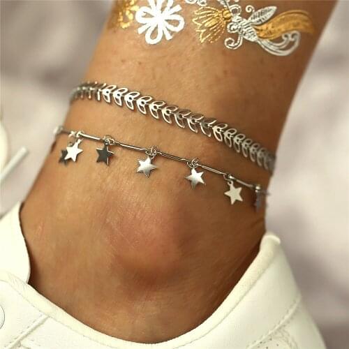 MAA-OE Bohemian Star Leaves Anklets For Women Ankle Bracelet on Leg Chain Silver Color Metal Beach Foot Jewelry Wholesales
