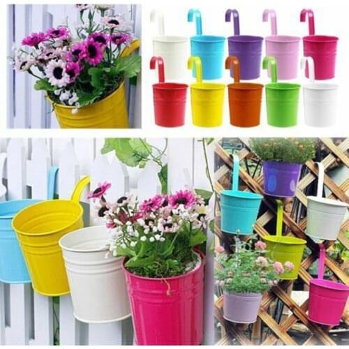 10pcs Metal Flower Pot Detachable Home Fence Hanging Planter Tin with Drain Hole Vertical Hang Bucket Iron Holder Basket