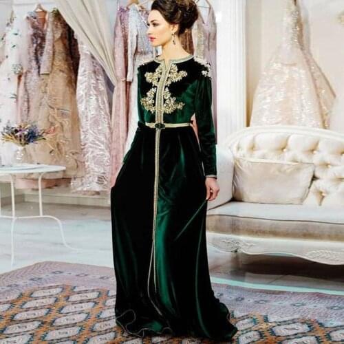 Muslim Evening Dress Moroccan Kaftan Long Sleeve Velvet Prom Dresses Arabic Dubai Lace Appliques Robe De Soiree robe