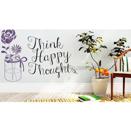 Think Happy Thoughts Pot with Flowers Wall Stickers Positive Inspirational Floral Quote Vinyl Decals For Desks Dorm Decor LC572