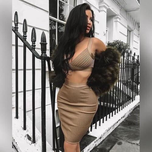 Autumn Knitting two piece set Spaghetti strap v-neck crop top bodycon mini skirt suit Women solid party night club matching set