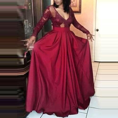 Sexy Burgundy Evening Dresses Deep V-neck Long Sleeve A-line Formal Party Gowns Satin Lace High Split Evening Gowns for Women