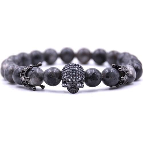 Drop Ship CZ Skull Charm Bracelets 8mm Natural Stone Micro Pave Skeleton Skull Black Energy Lava Buddha Bracelets
