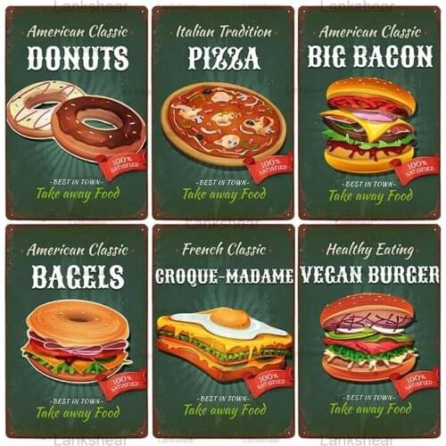 Retro Pizza Burger Cookies Metal Plaque Vintage Fast Food Tin Signs Plate Restaurant Shop Cafe Bar Home Wall Decoration 20X30Cm