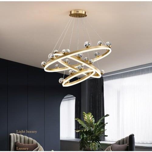 Luxury Copper LED Chandelier For Dining Room Simple Hanging Lamp Nordic Bedroom Livinging Room Ring Acrylic Chandelier Lighting