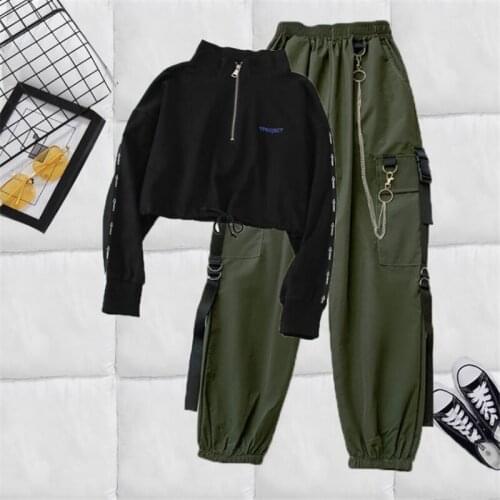 Autumn Women Tracksuit 2 Piece Streetwear Harajuku Pant Leisure Tops Pants Pocket Jogger Elastic High Waist Pants Females