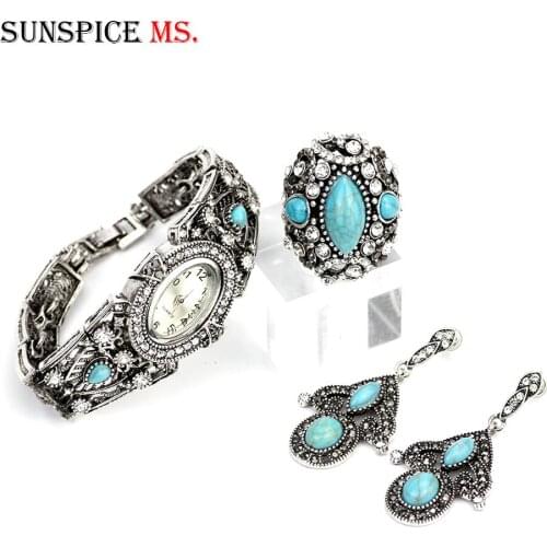 SUNSPICEMS Vintage Retro Silver Color Cuff Bracelet Watch Ring Drop Earring Blue Stone Full Rhinestone Bohemia Party Jewelry Set