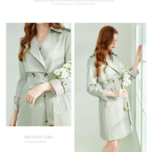 2021 Spring New Green Slim Windbreaker Temperament Jacket Female Stitching Mid-length Double-breasted Reduce Age