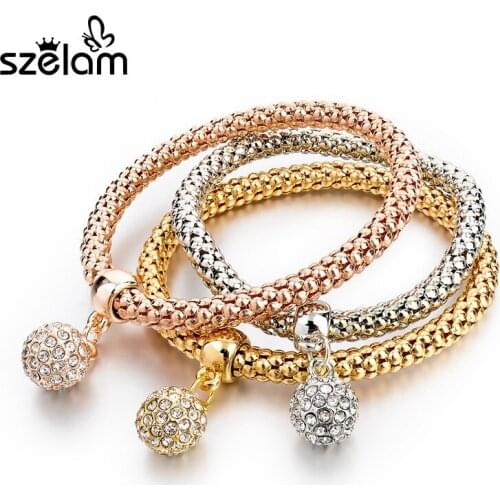 3Pcs Elastic Chain Gold Bracelets For Women 2019 Fashion Jewellery Crystal Ball Pendant Charm Bracelets Pulseria SBR150181