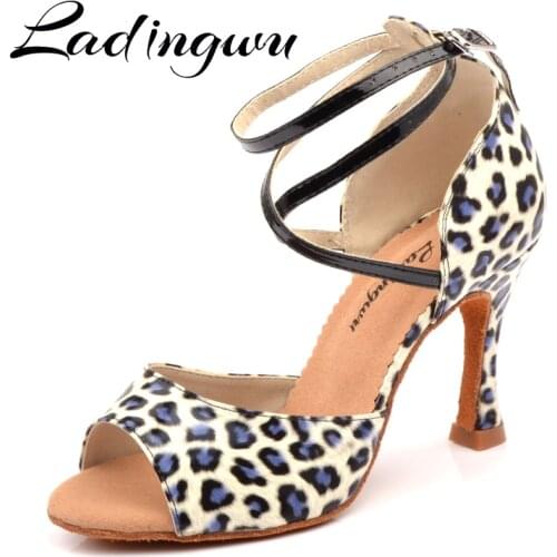 Ladingwu New Brand Dance Shoes Latin Women Leopard texture PU Leather Dance Shoes Salsa Womans Ballroom Dance Shoes Cuba Heel 9
