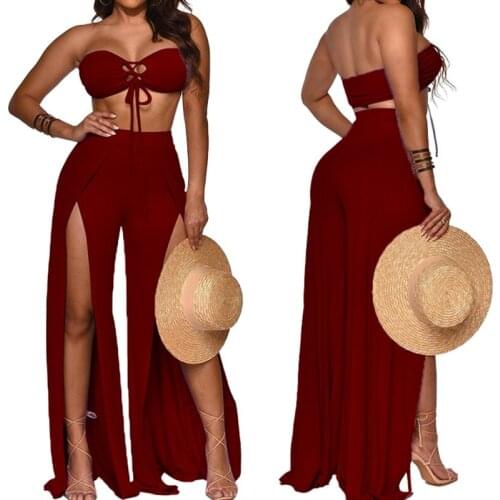 Womens Matching Sets New Arrival 2021 Summer Hollow Out Bandage Tube Top + Split Loose Wide Leg Trousers Casual Sexy Suit Outfit