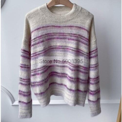 Woman alpaca Wool Mohair Blend Striped Sweater Oversized Round Neck Long Sleeves Pullovers Soft High Quality Jumpers